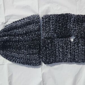 Handmade Crochet Chuny Unisex Black and Gray Knit Beanie Hand/Wrist Warmer Set